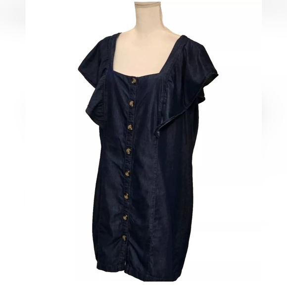 a. n. a. Square Neck Flutter Sleeve Soft Denim Button Up Cotton Mini Dress XXL - Picture 4 of 16